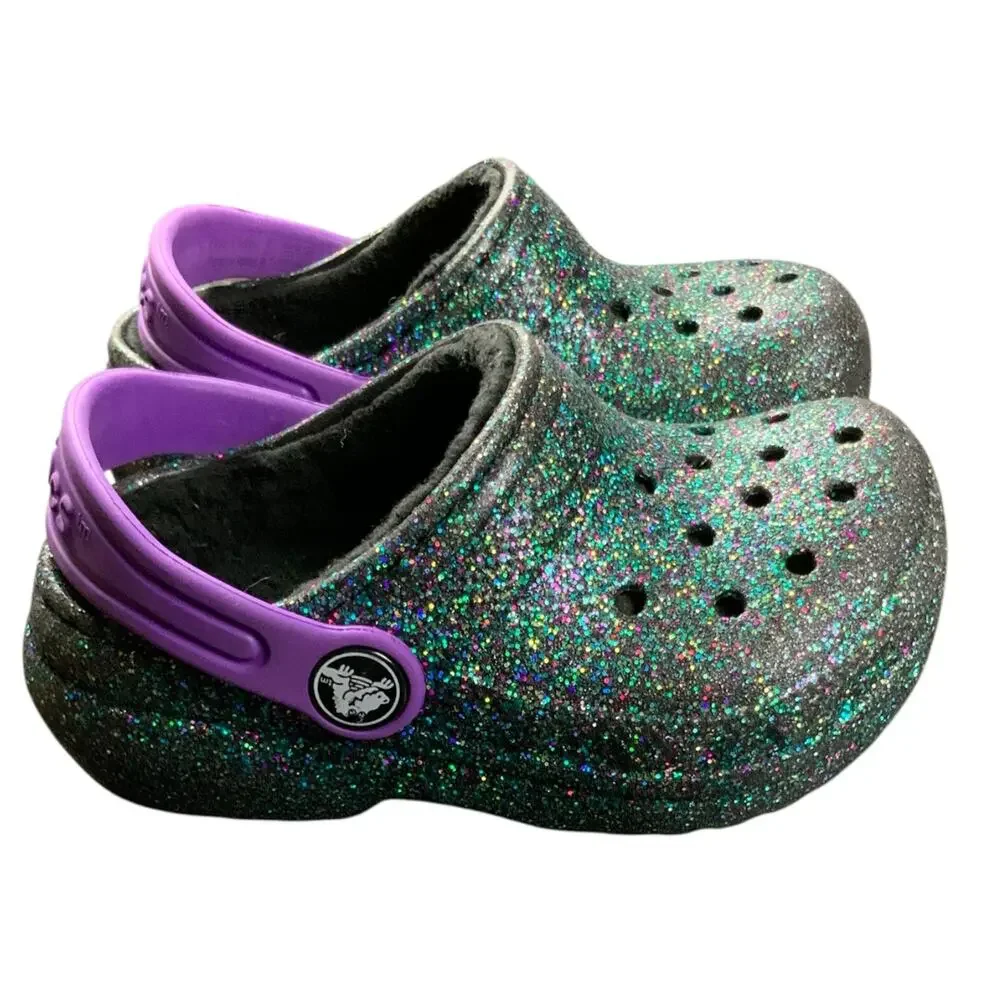 Crocs Kids Classic Glitter Clogs Purple Strap Black Sparkle C7 Toddler Shoes